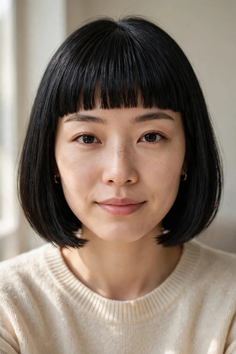 Bob with thick block fringe on a woman with a long thin face, black hair