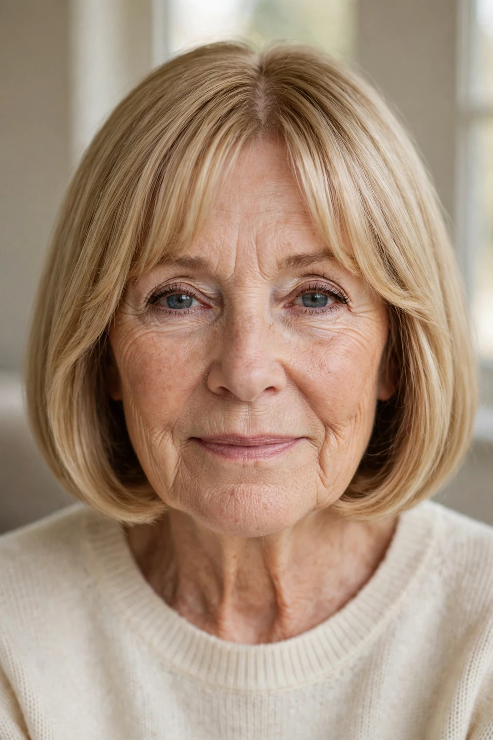 Bob with curtain bangs on a 63-year-old woman with honey blonde thin hair