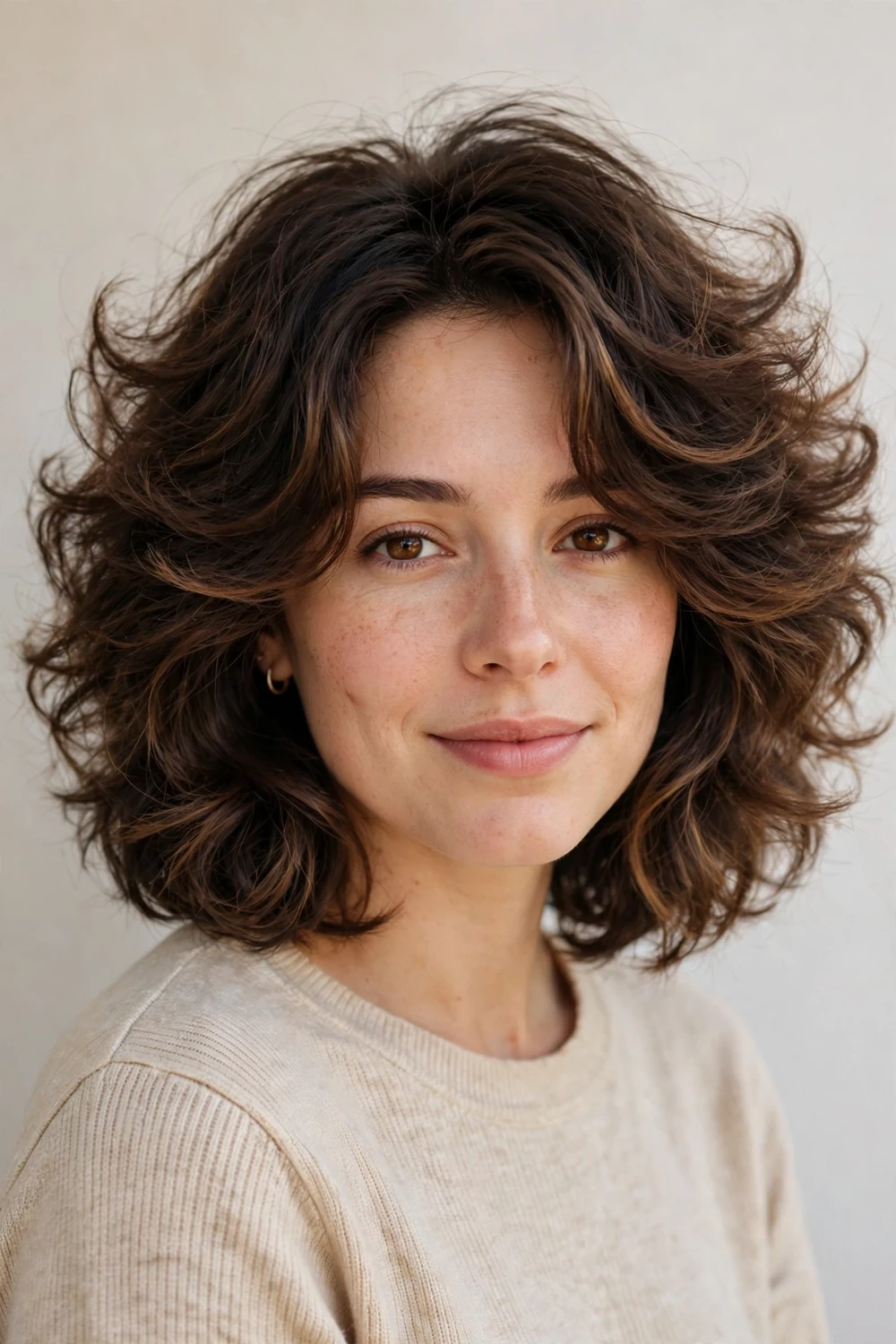 Brunette cloud haircut with caramel balayage highlights adding dimension
