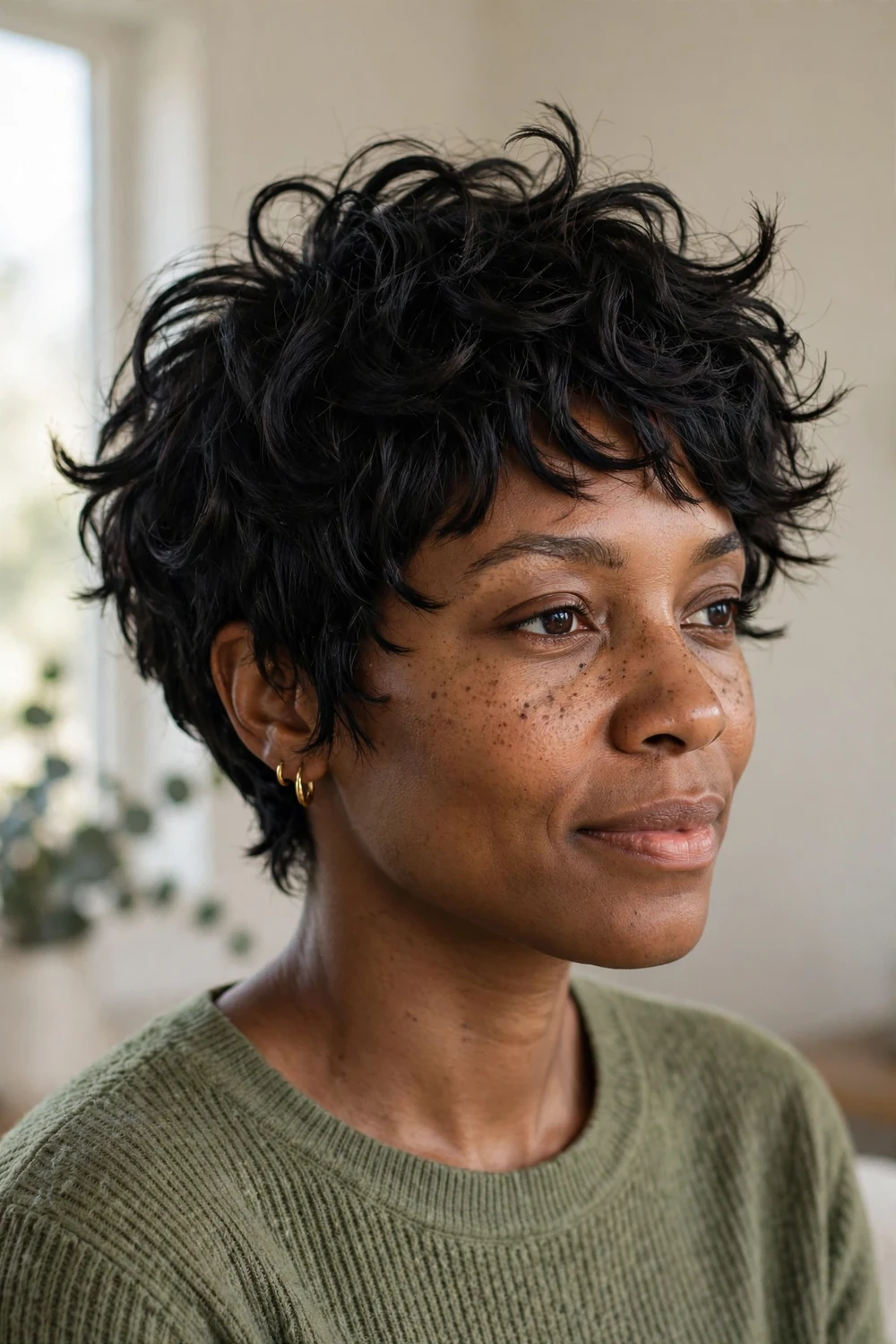 Choppy curly pixie with piece-y disconnected curls and textured ends