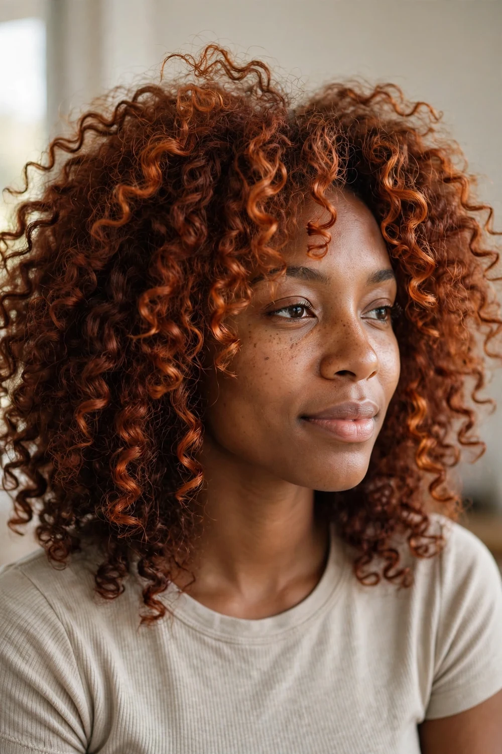 Woman with curly auburn copper hair showing dimension in each curl