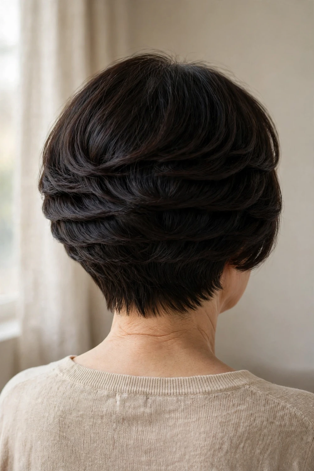 55-year-old East Asian woman with dark graduated bob viewed from the back showing nape undercut