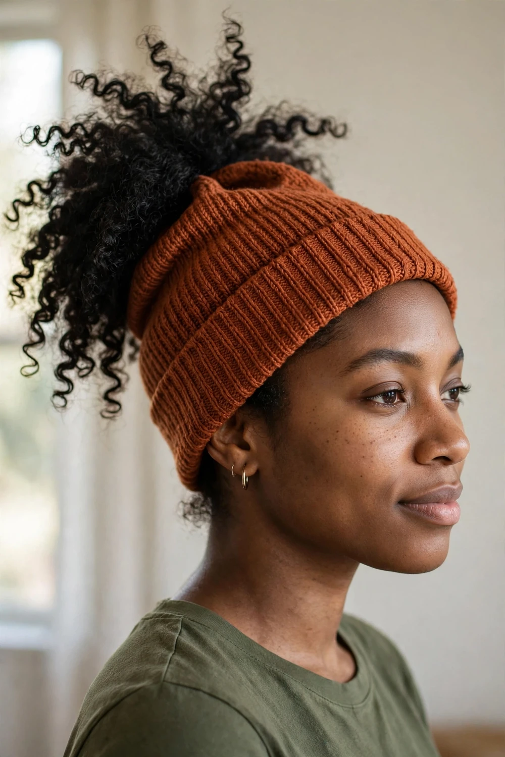 Woman with a high curly ponytail pulled through a rust knit beanie