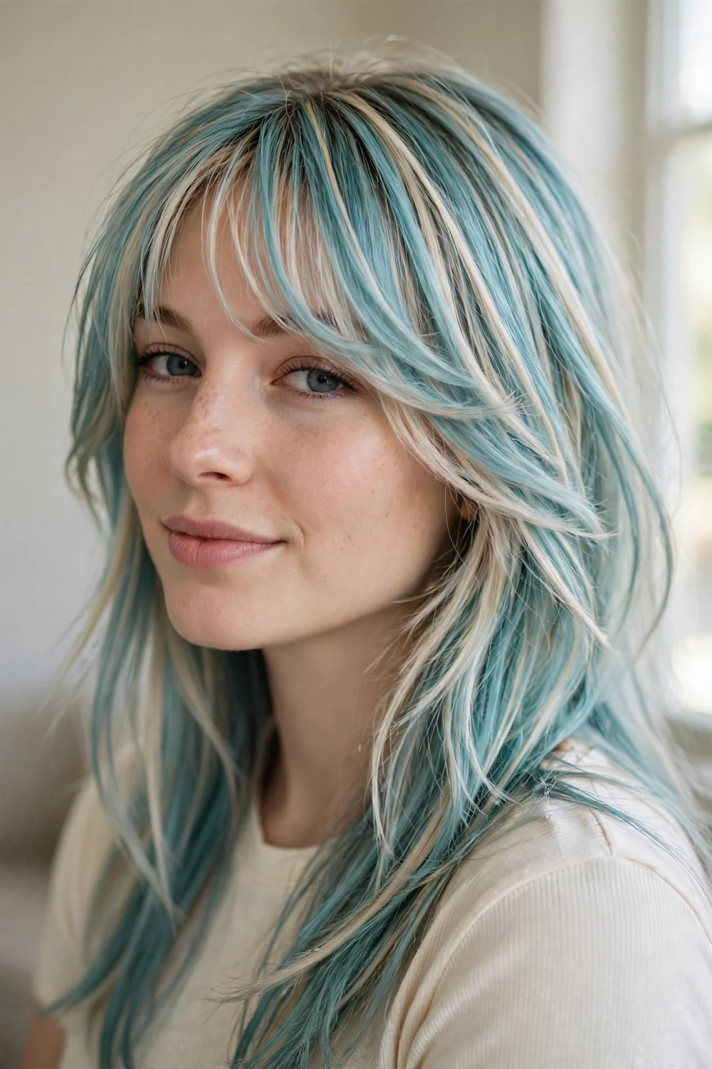 Woman with minty blue and platinum highlighted long hair and wispy feathered bangs