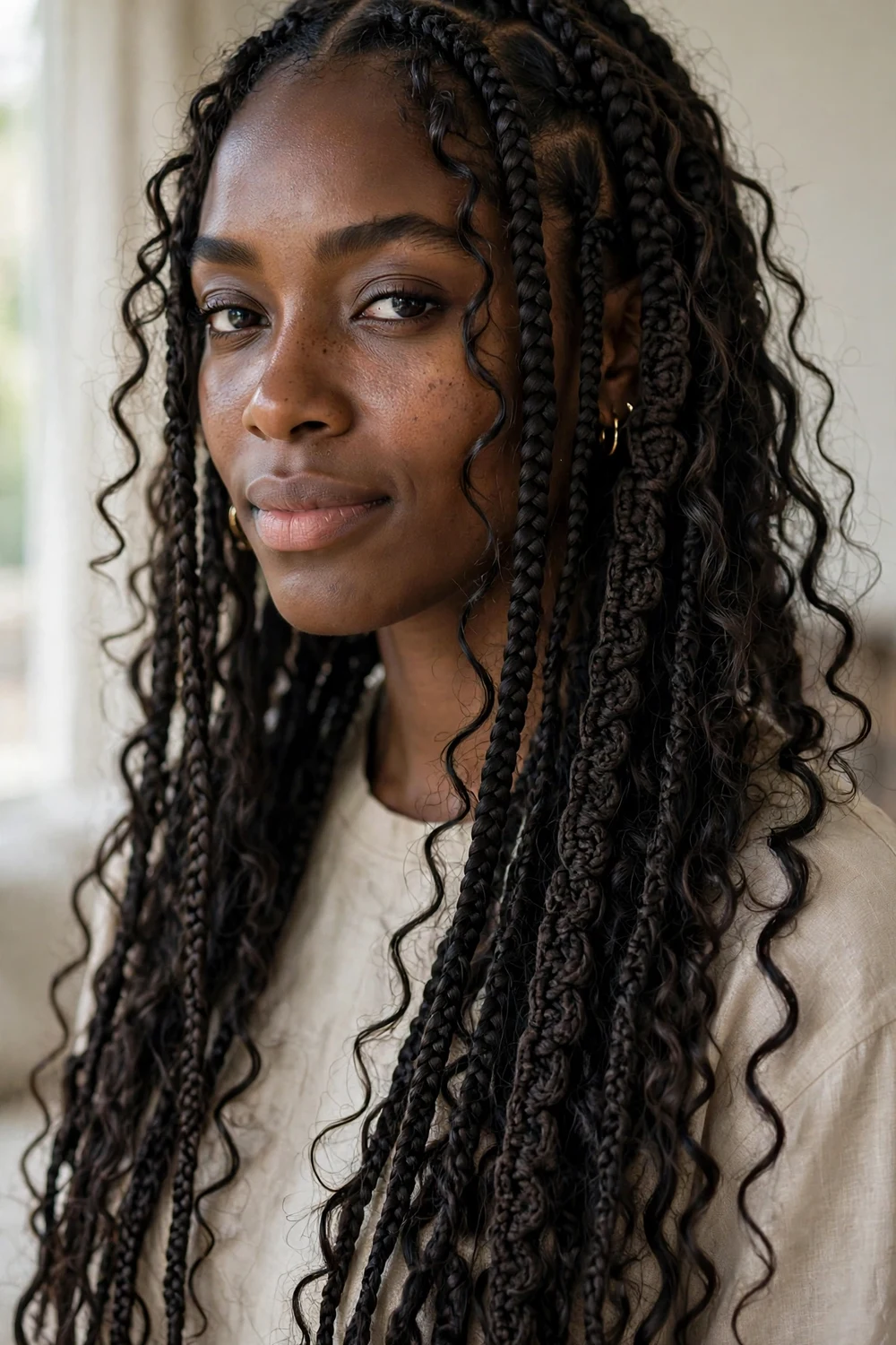 Woman with side-parted boho braids with curly strands