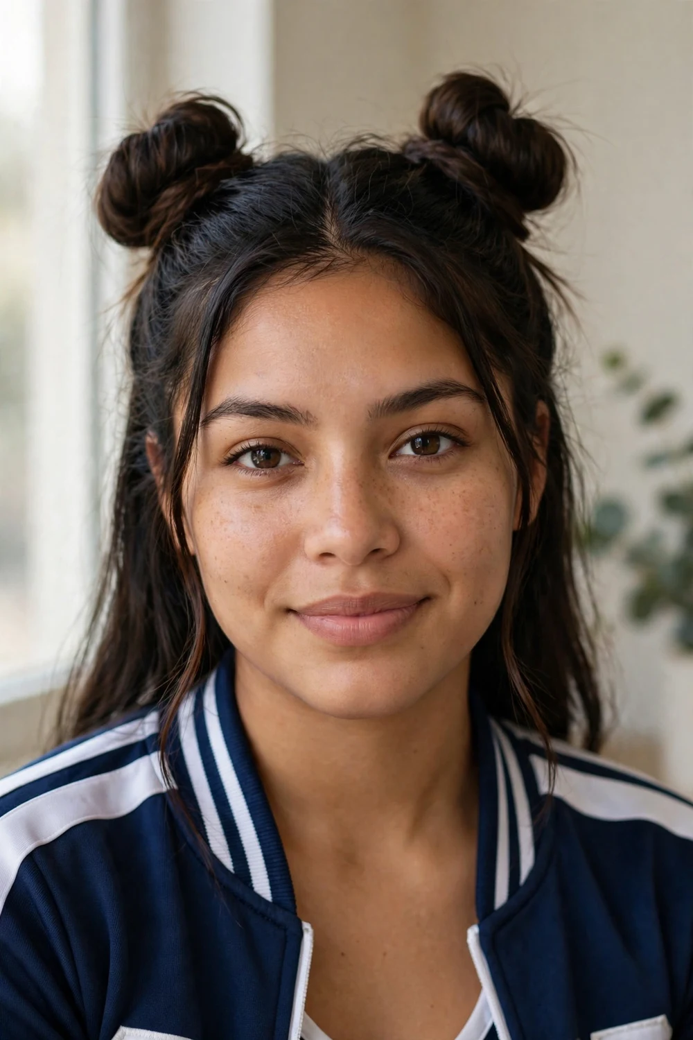 Woman with high space buns cheer hairstyle