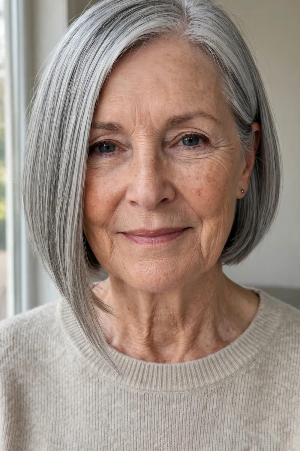 Straight angled bob in natural silver gray on a woman over 50