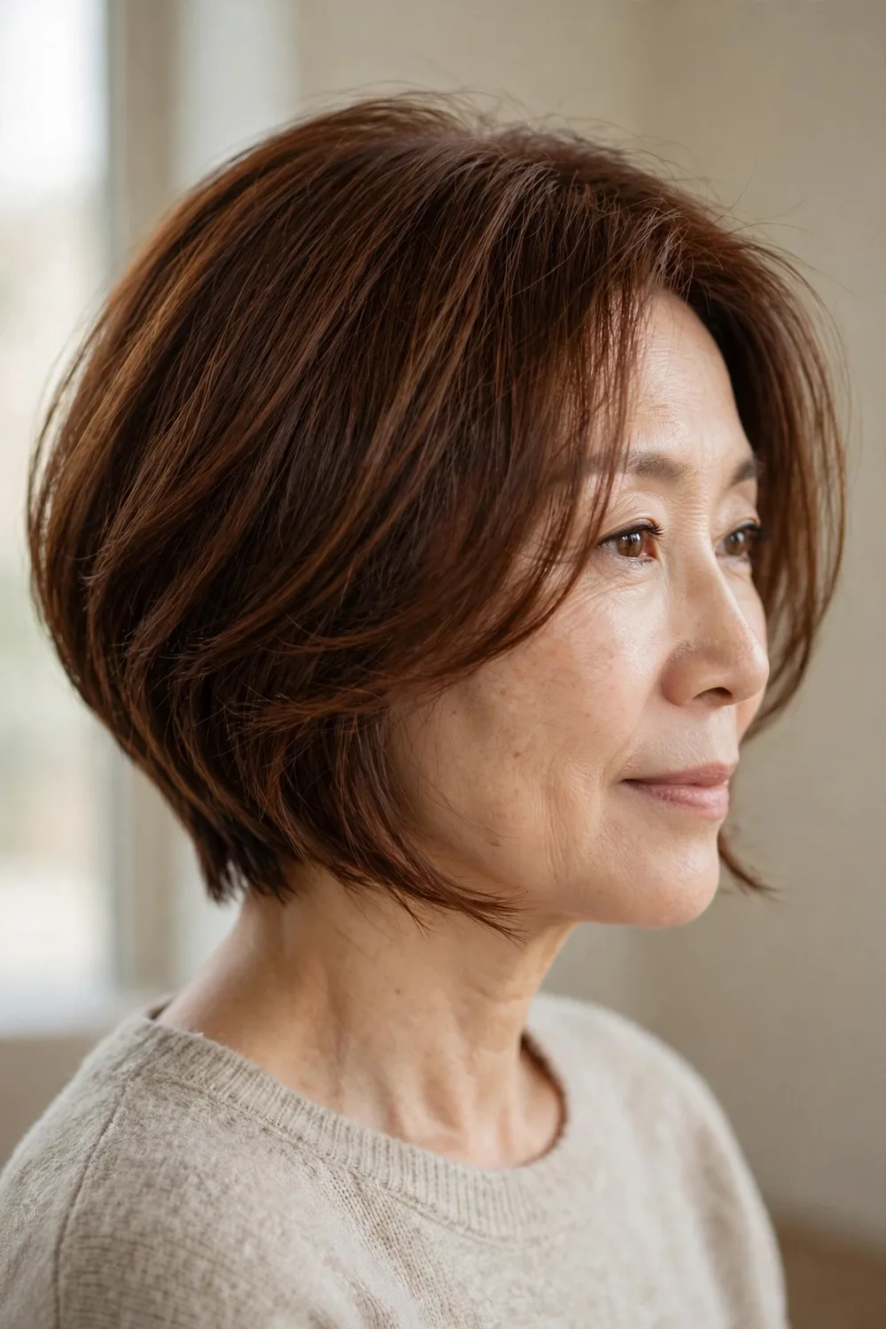 Angled bob with face-framing layers on a woman over 50