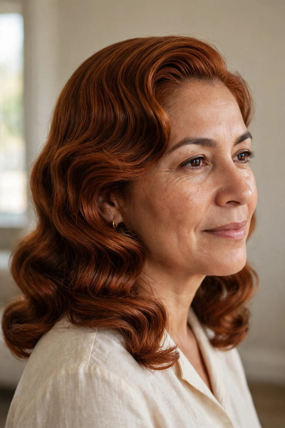 Woman with medium-length auburn hair in sculpted vintage glamour waves, deep side part