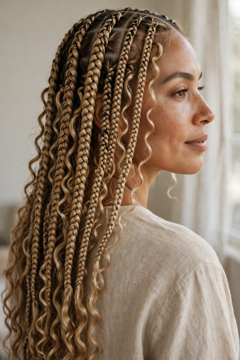 Woman with caramel blonde boho knotless braids with loose curls