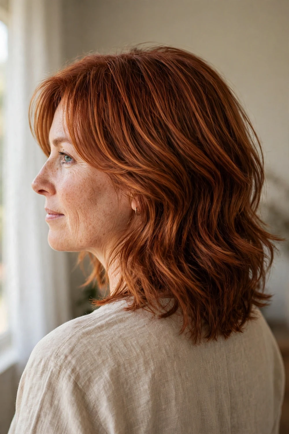 Woman with cinnamon auburn copper hair with spicy warm tones