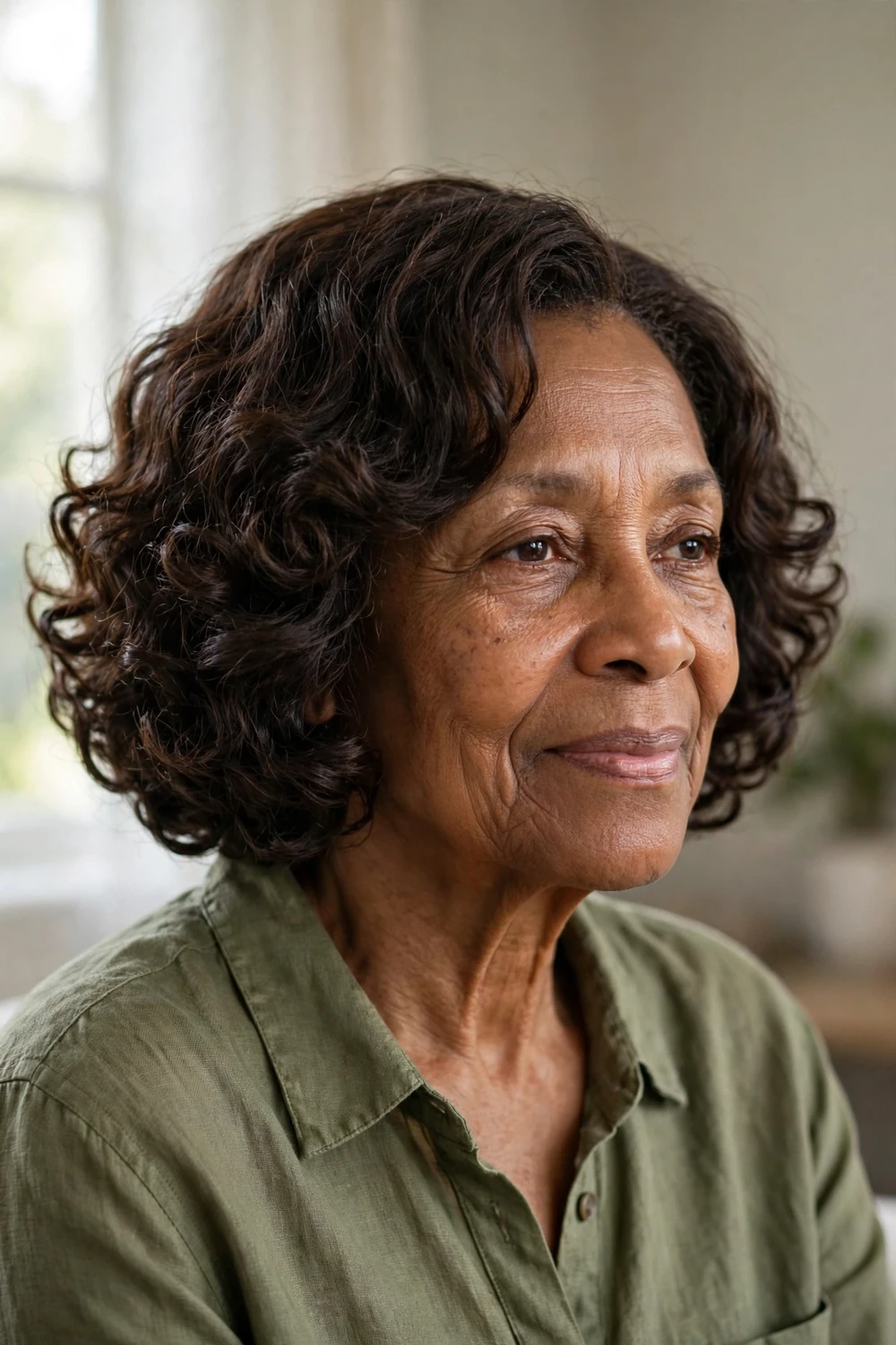 Curly bob on a 61-year-old woman with natural dark brown curly thin hair