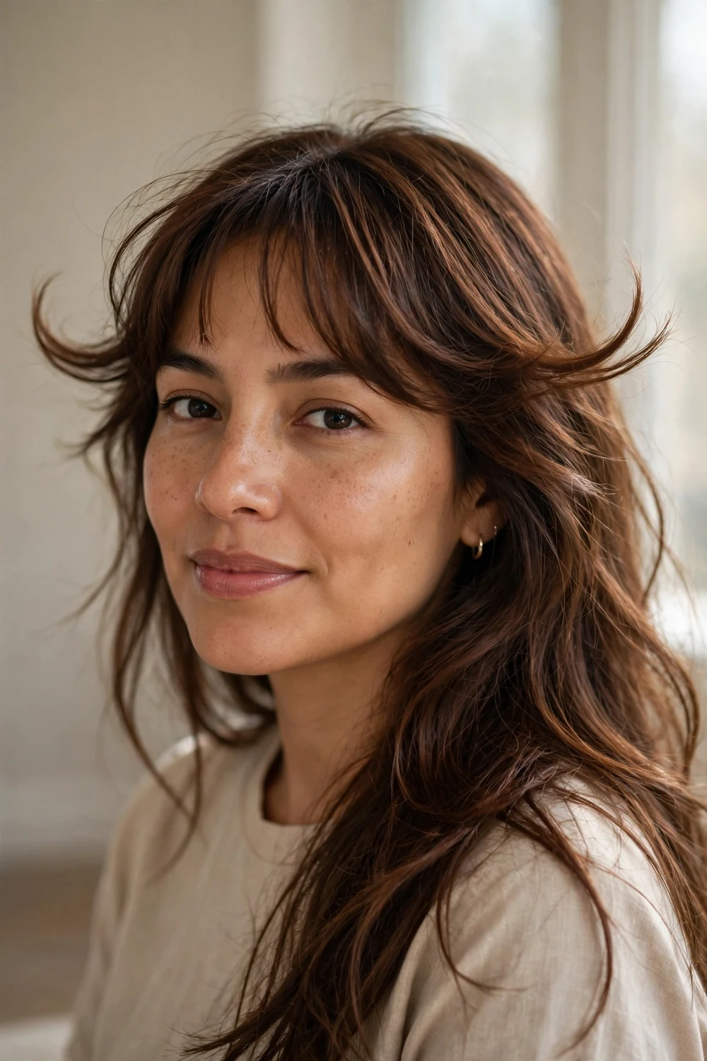 Woman with chestnut brown long hair and wispy bangs flipped up and outward at the ends