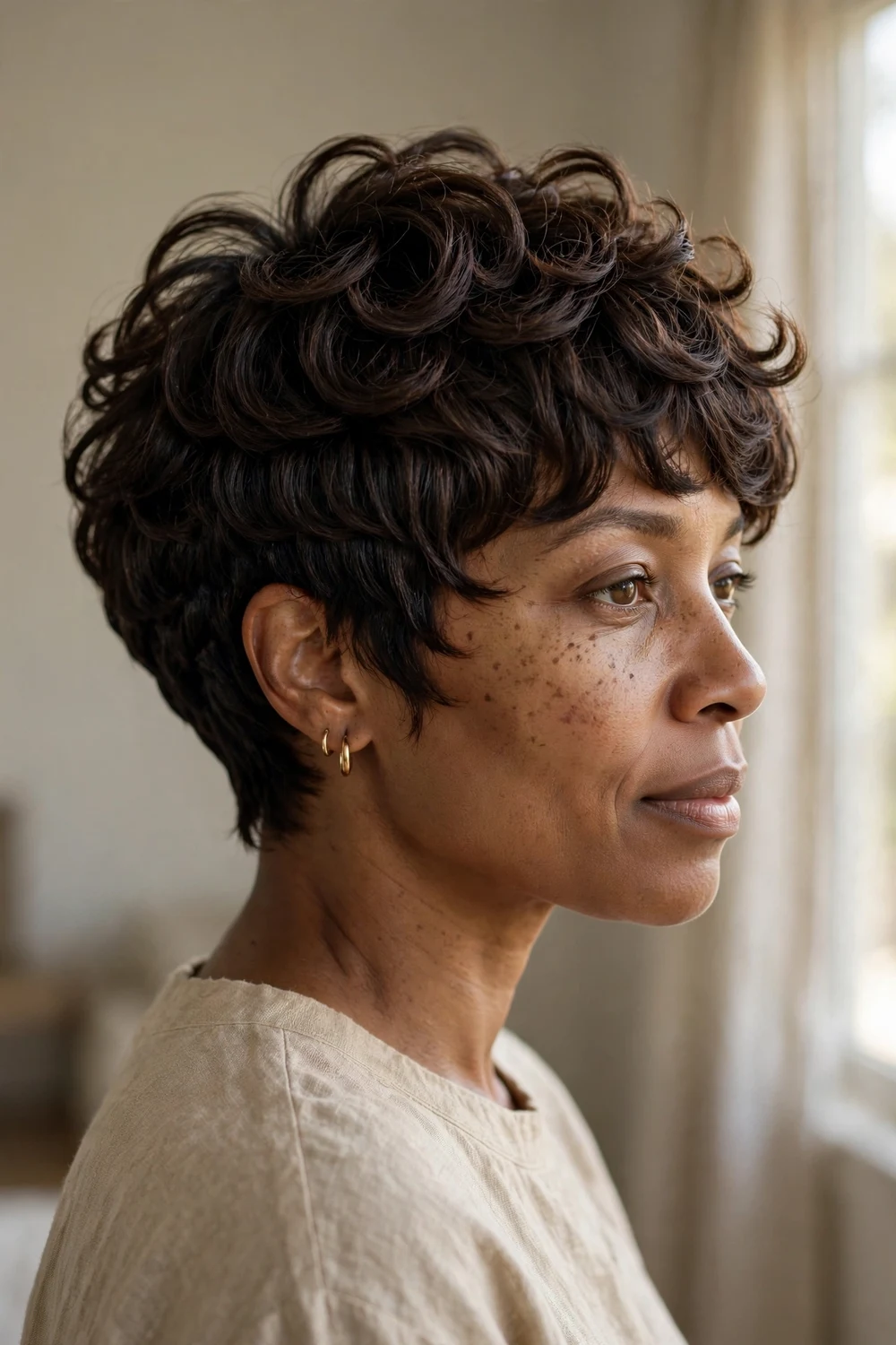 Layered curly pixie showing graduated curl layers and shape