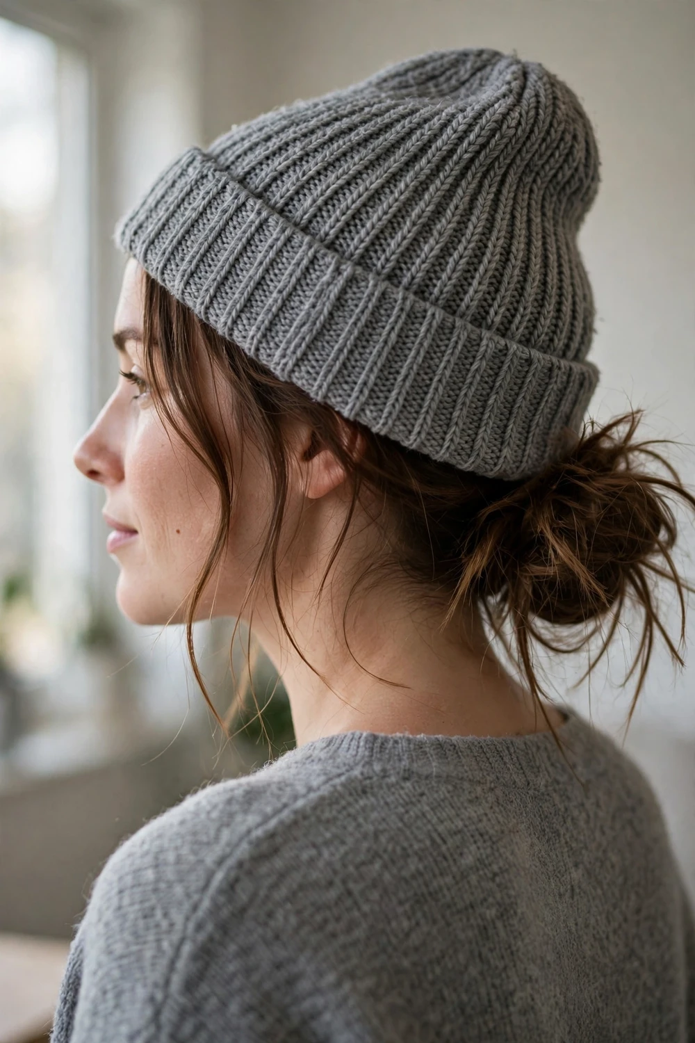Woman with a loose messy low bun and face-framing strands wearing a gray beanie