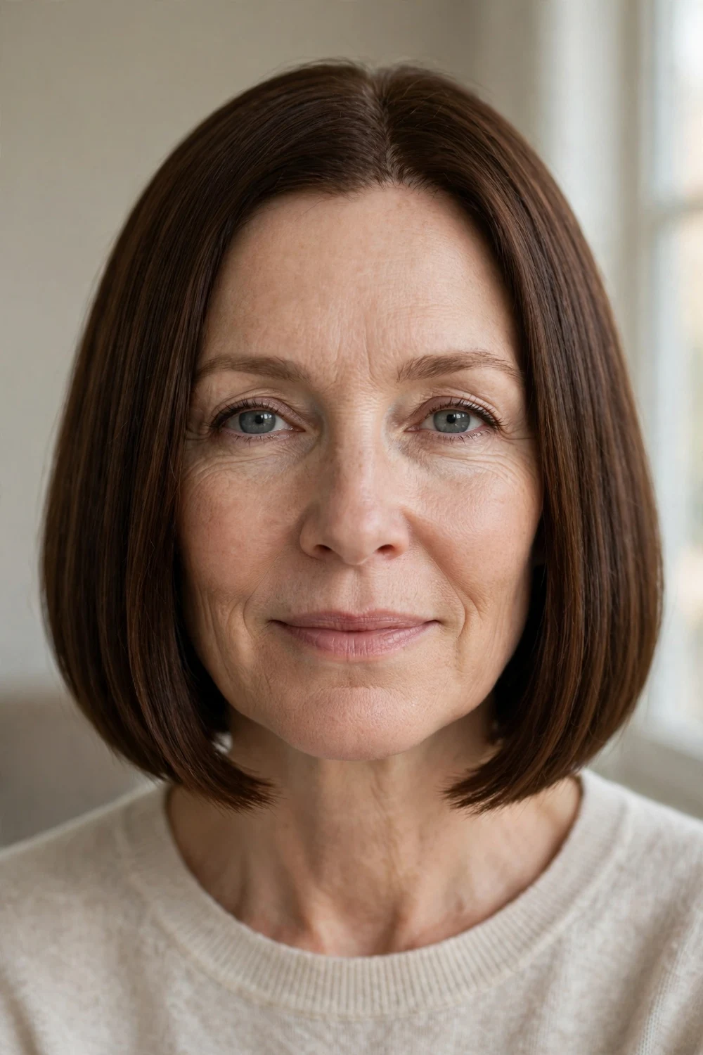 One-length brown bob with solid rich color on a woman with a narrow face