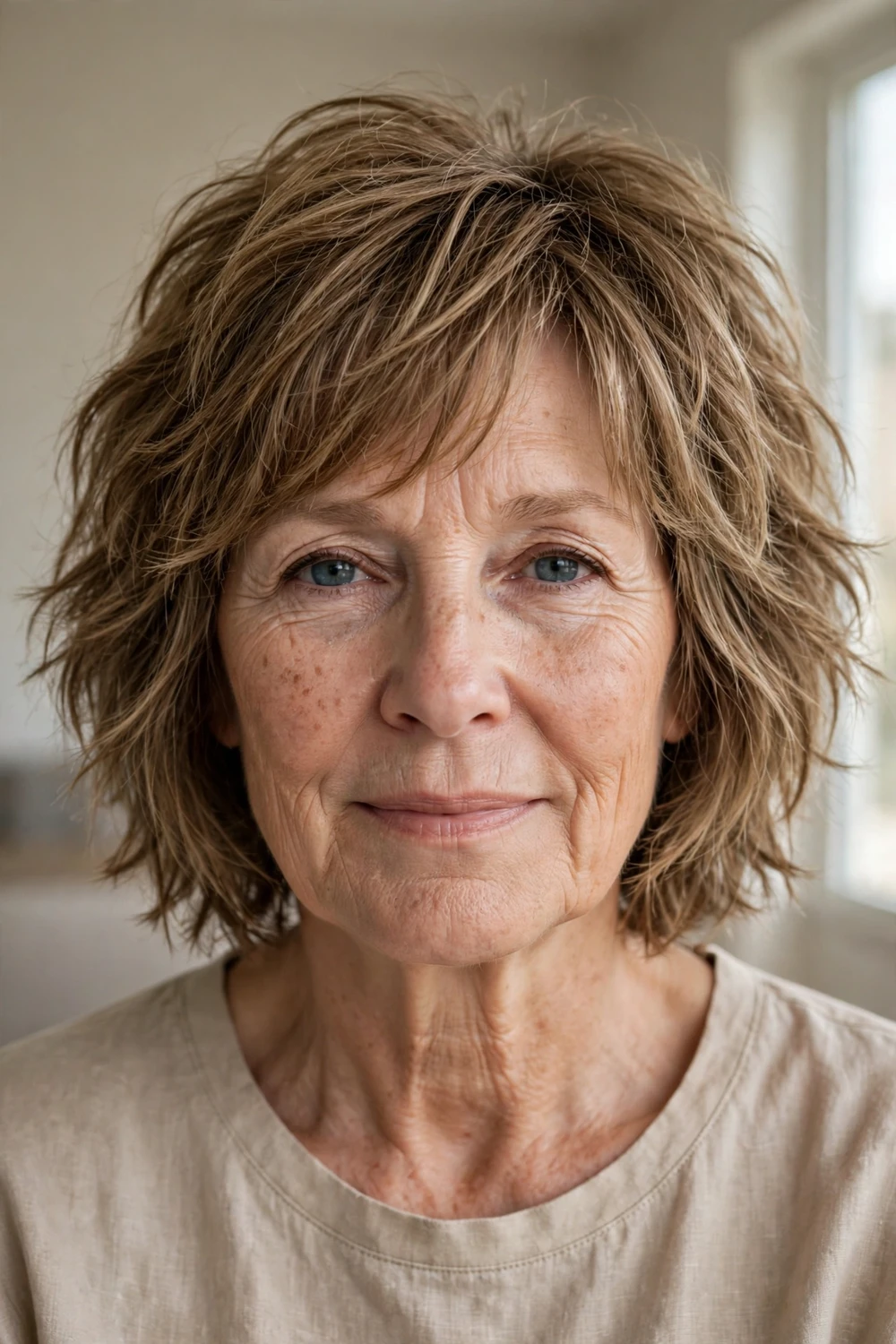 54-year-old woman with sandy brown shaggy bob with choppy layers and texture