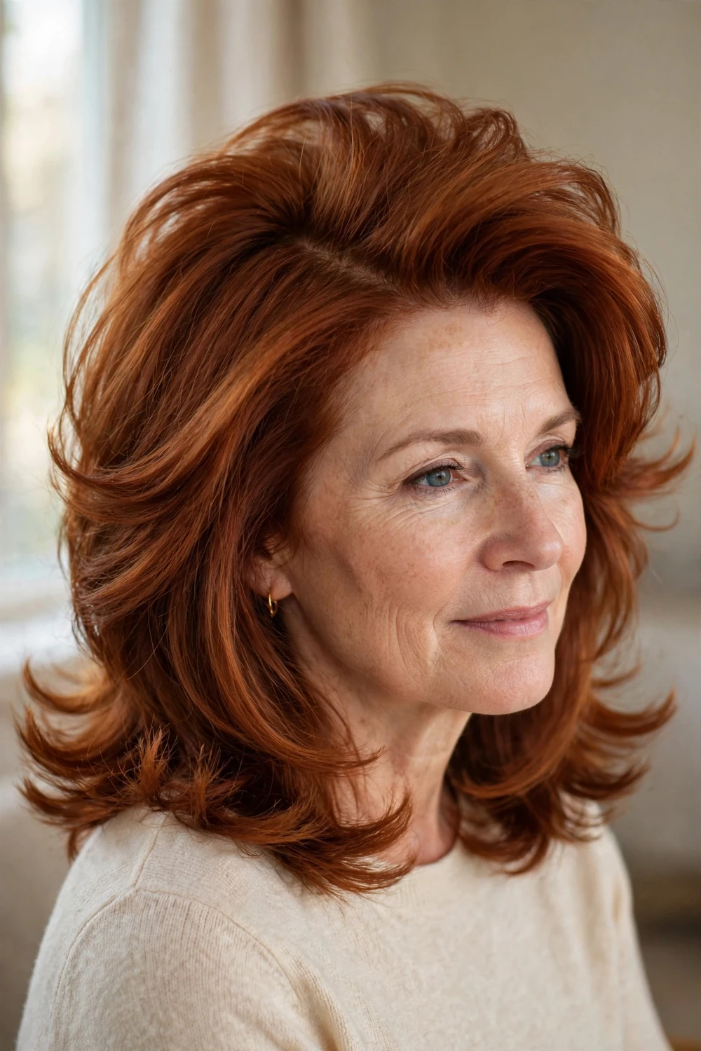 Woman with shoulder-length auburn hair, deep side part, bouncy blowout volume
