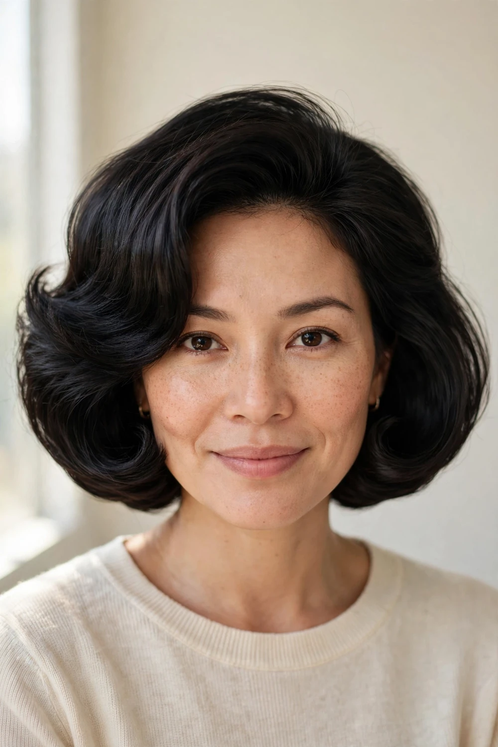 Cloud bob blown out smooth with a round brush into a polished rounded shape
