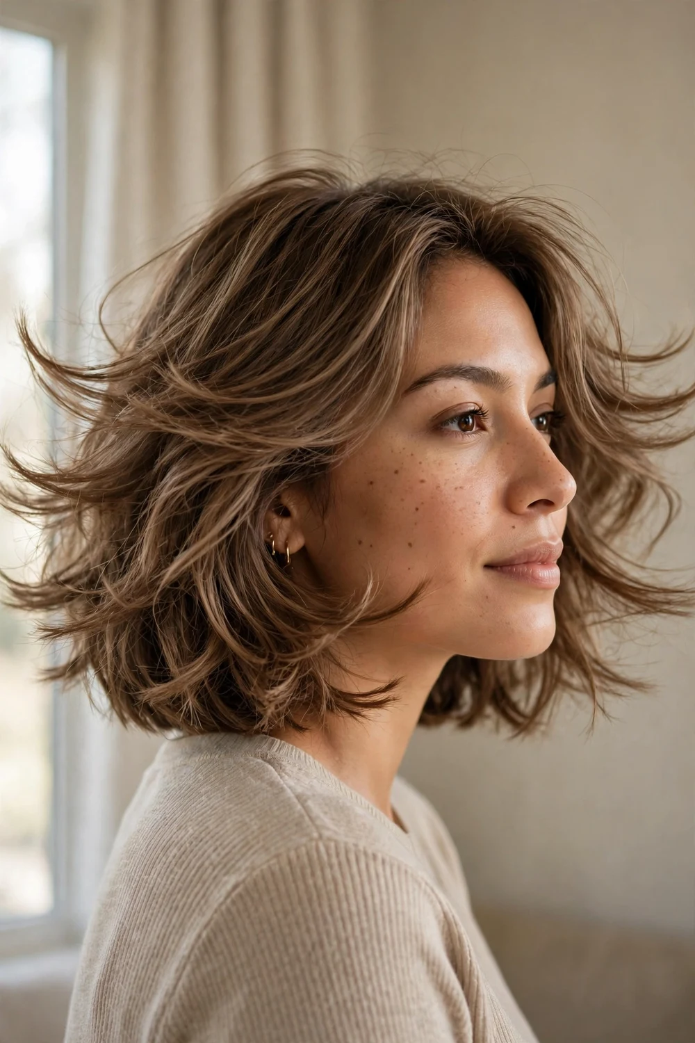Butterfly bob with soft face-framing layers on a woman with a thin face, light brown hair