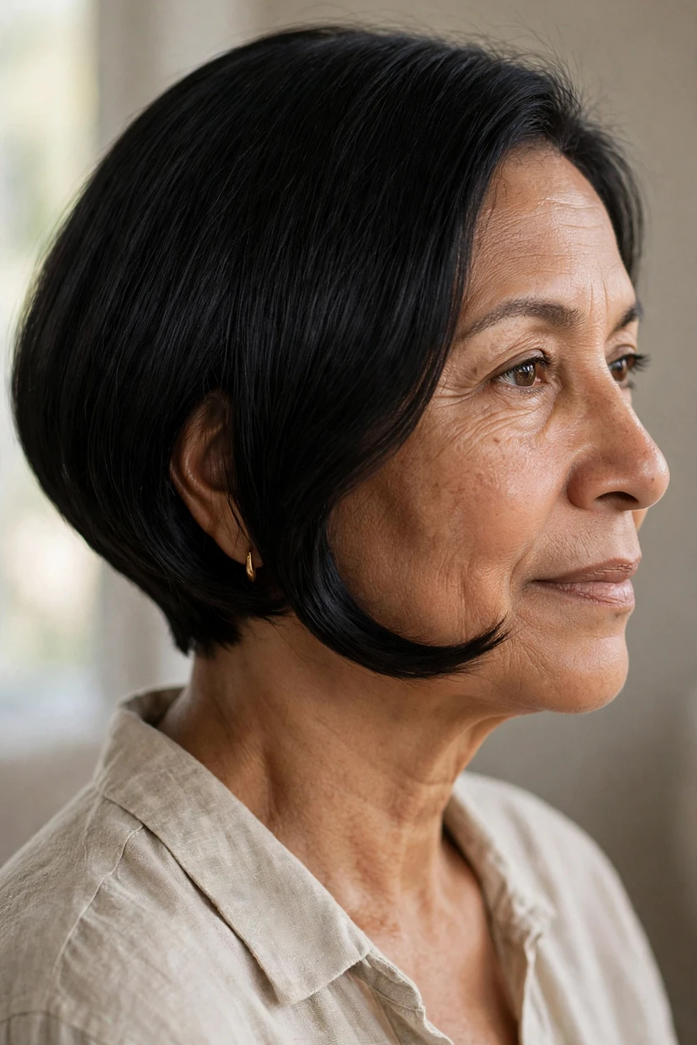 58-year-old Latina woman with black concave bob with curved lines viewed from the side