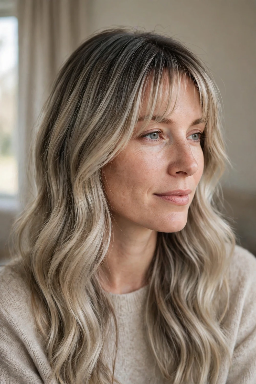 Woman with greige blonde ombre long hair and soft eye-skimming wispy bangs
