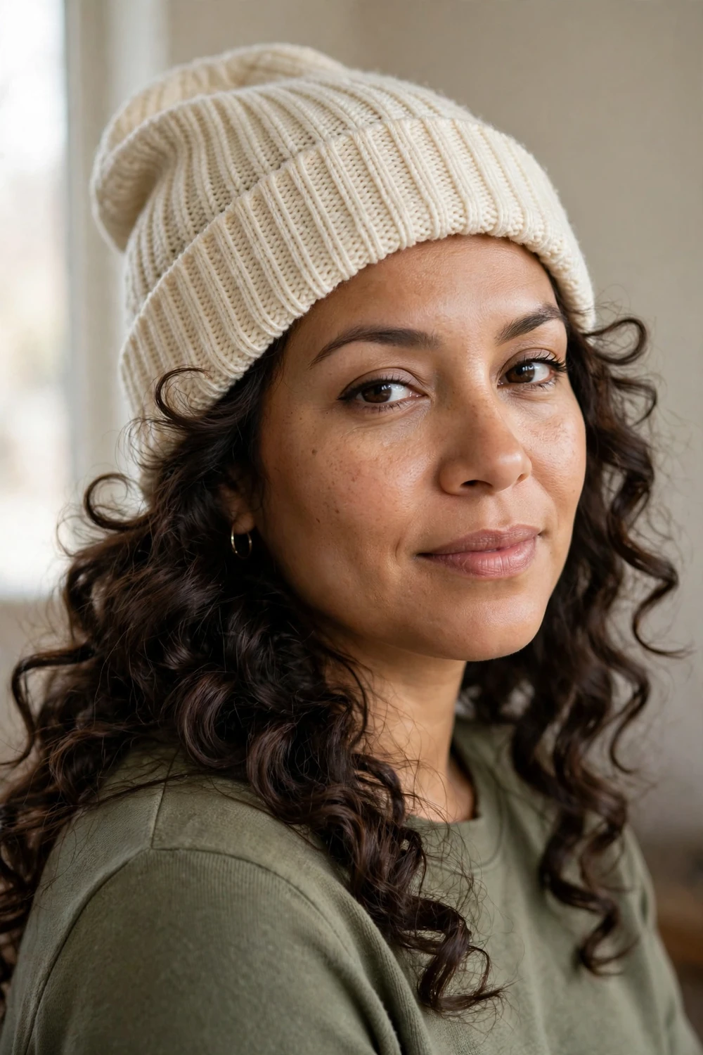 Woman with long dark brown loose curls wearing a cream knit beanie