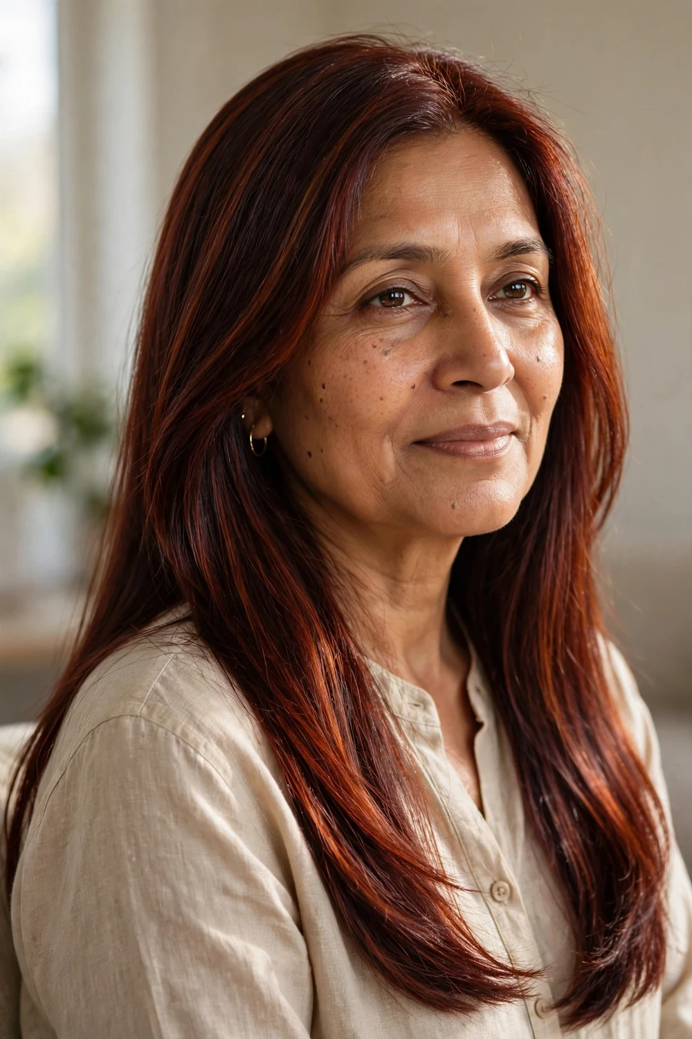 Woman with mahogany auburn copper hair with deep wine-red tones