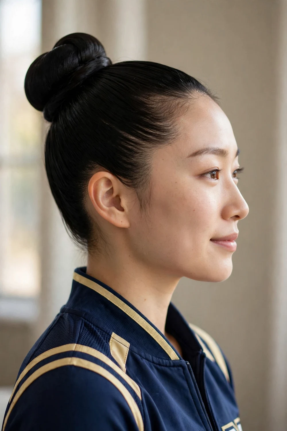 Woman with sleek high bun cheer hairstyle