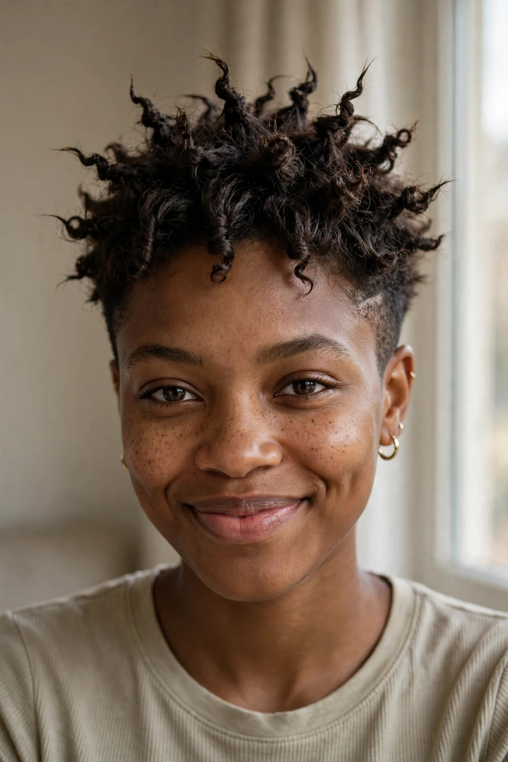 Spiky curly pixie with defined curls pinched upward at the crown