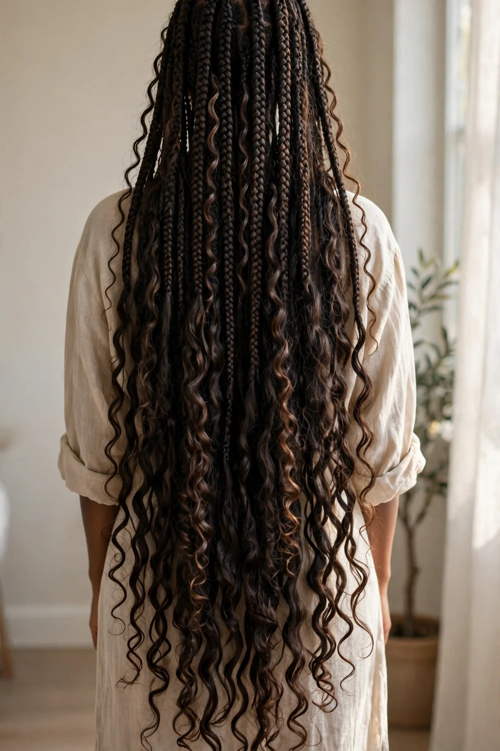 Woman with extremely long waist-length boho braids with flowing curls, back view