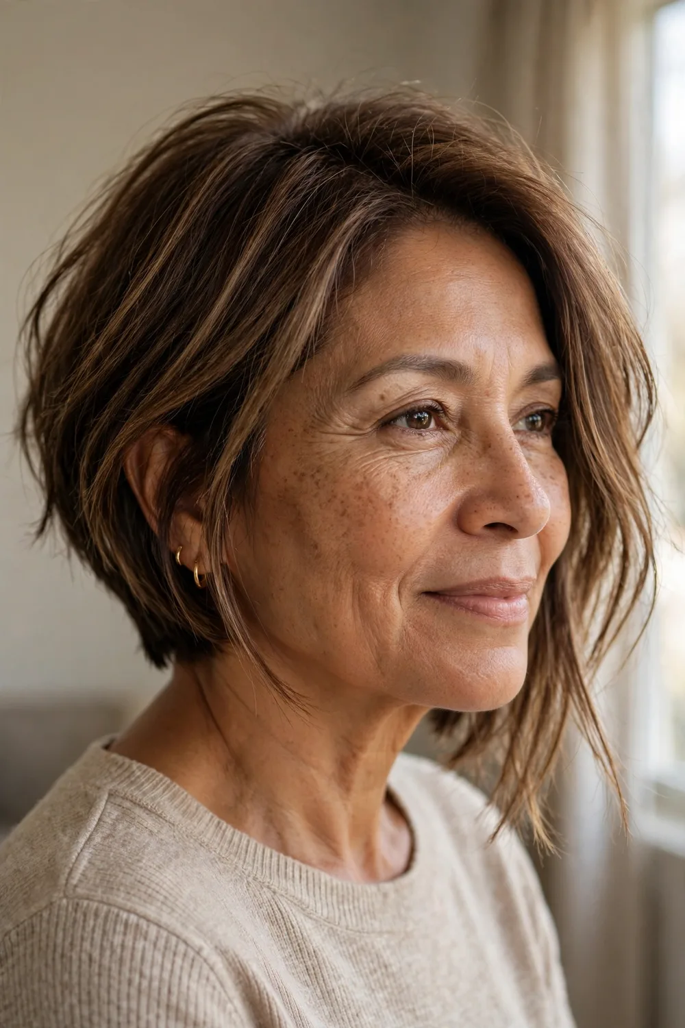 Tousled angled bob with relaxed texture on a woman over 50