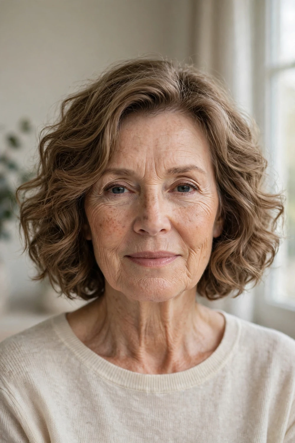 Wavy bob with soft curls on a 59-year-old woman with light brown fine hair