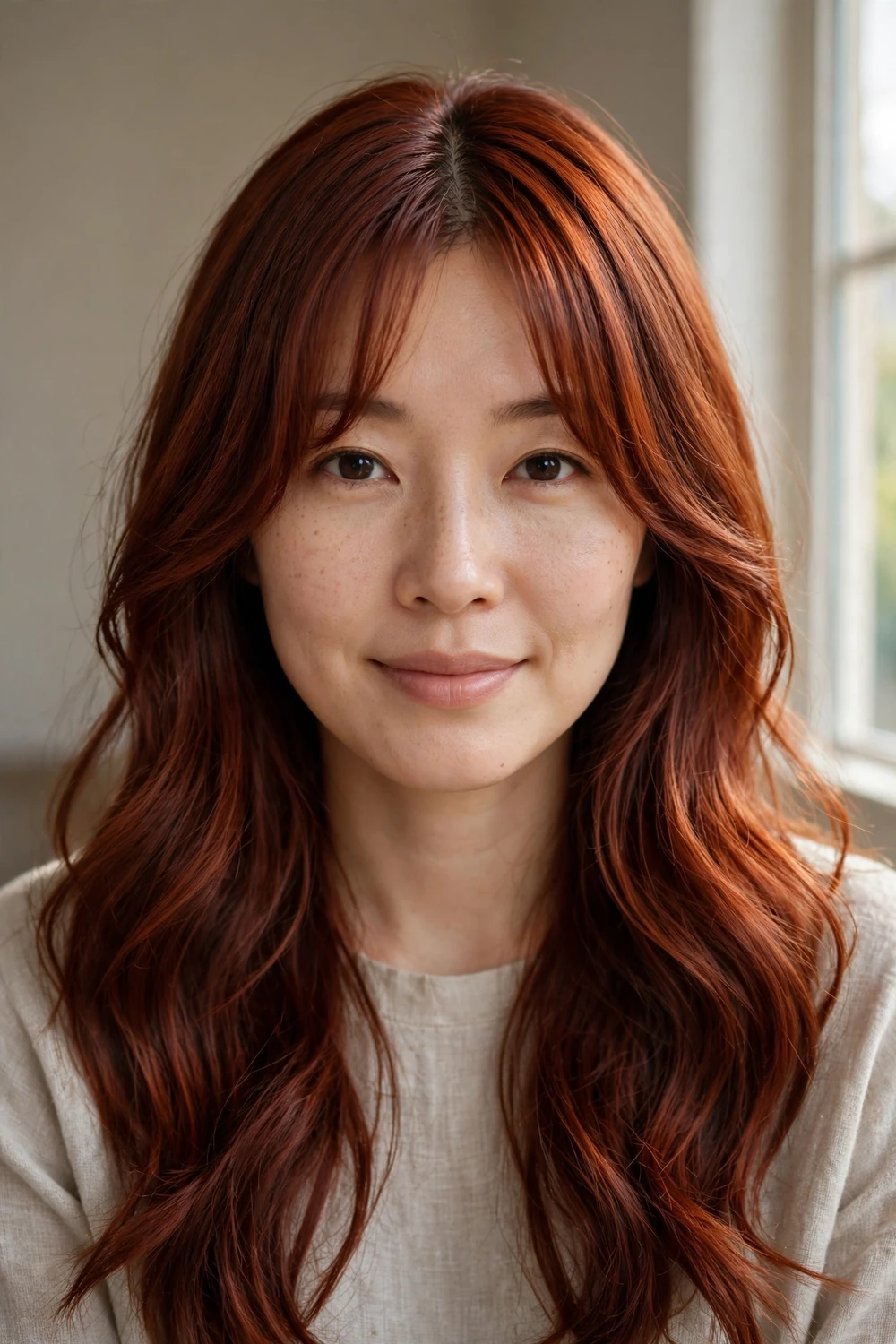 Woman with long auburn hair and soft curtain bangs parted in the middle