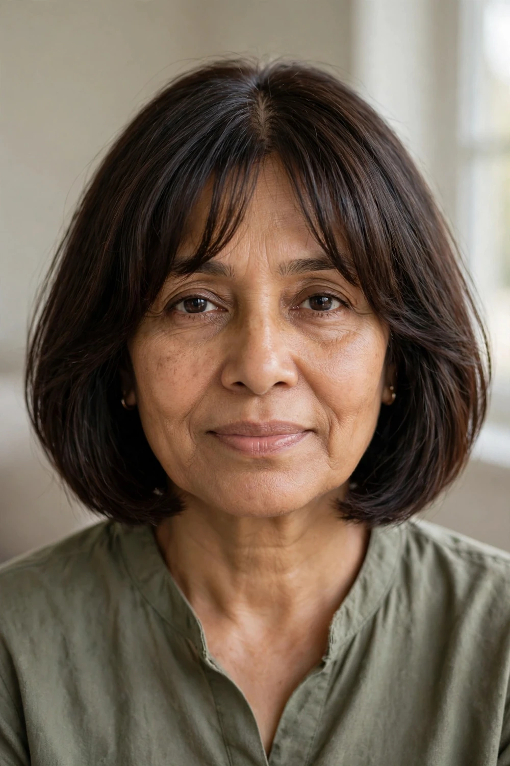 52-year-old South Asian woman with dark brown bob and curtain bangs parted in the center