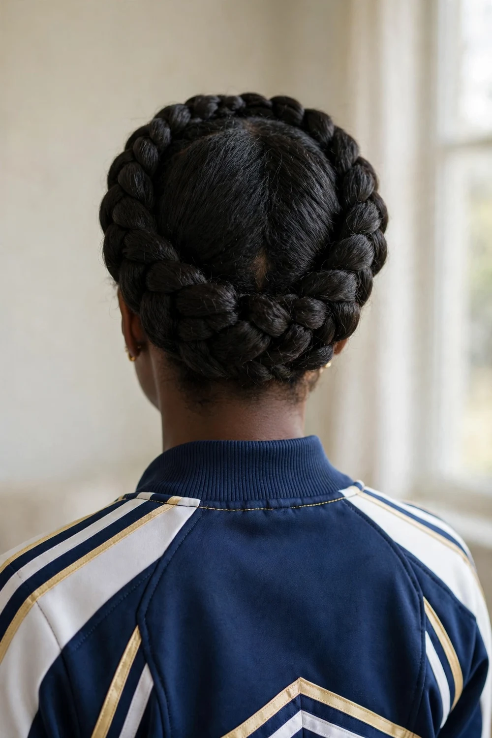 Woman with braided crown updo cheer hairstyle