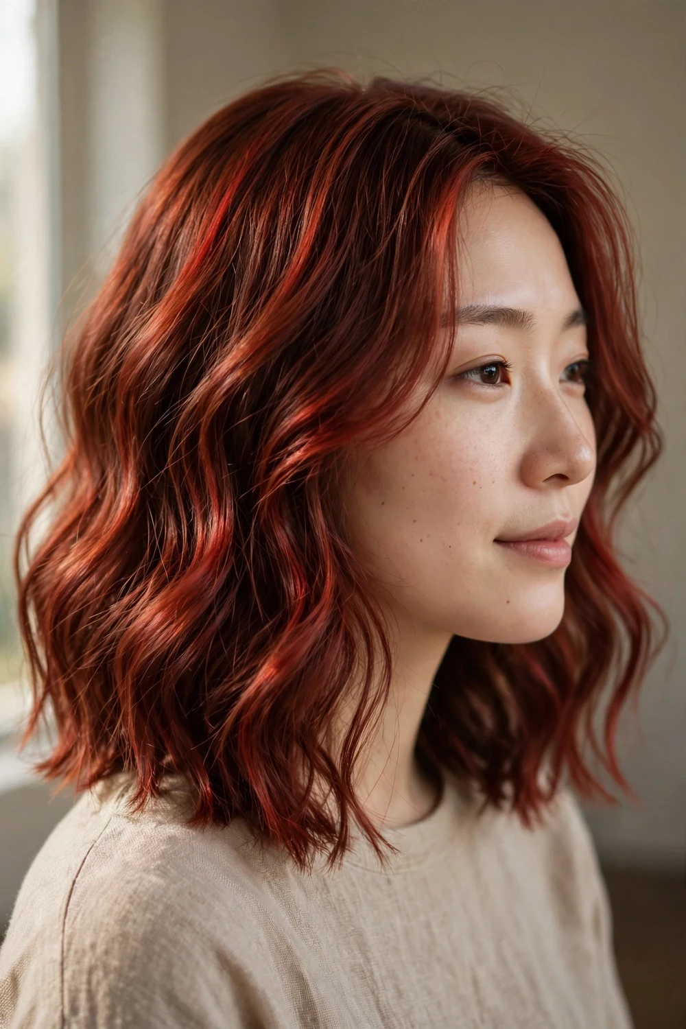 Woman with cherry auburn copper hair with rich red tones