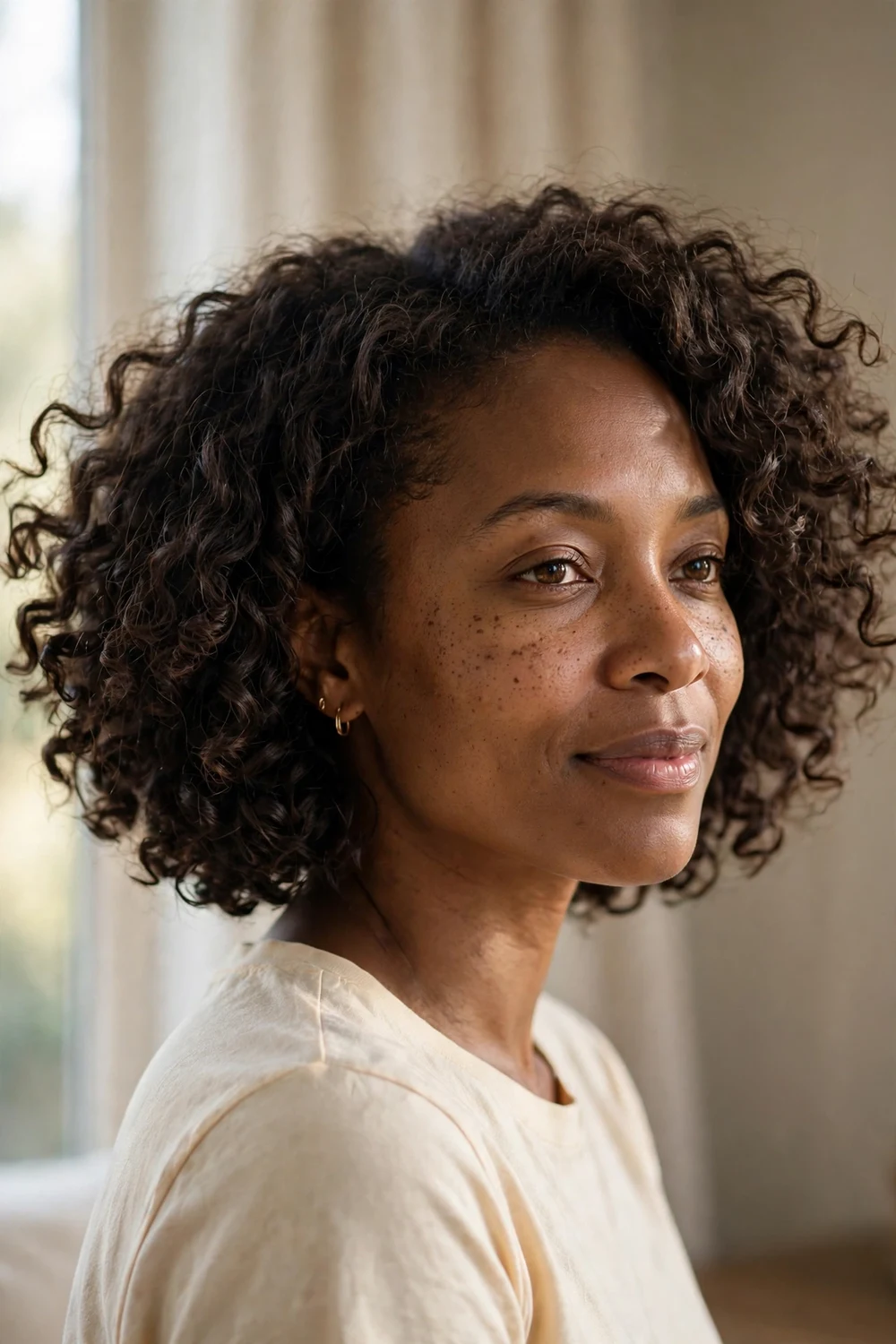 Curly bob with natural volume at the sides on a woman with a slim face, dark curly hair