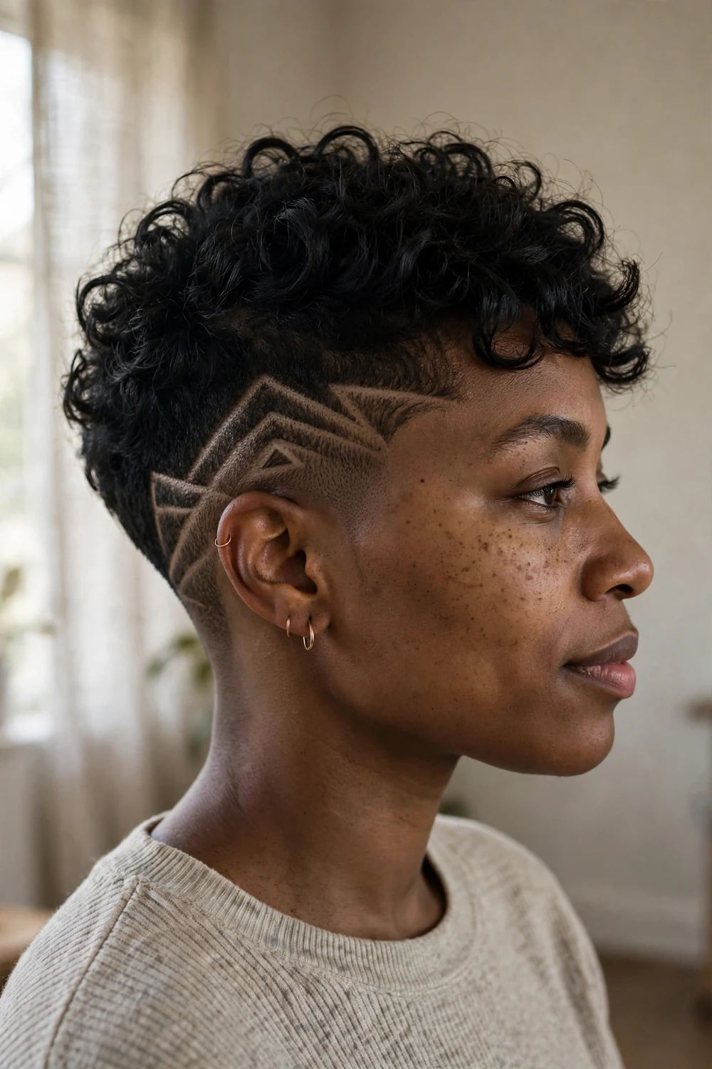 Curly pixie with a shaved geometric line design above the ear