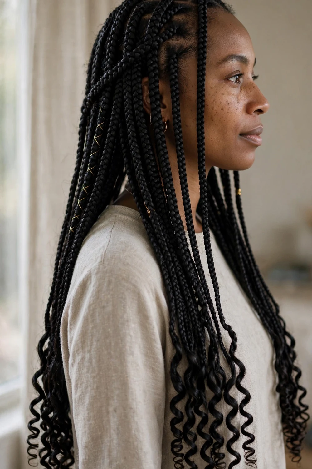Woman with jet-black boho knotless braids ending in tight spiral curls