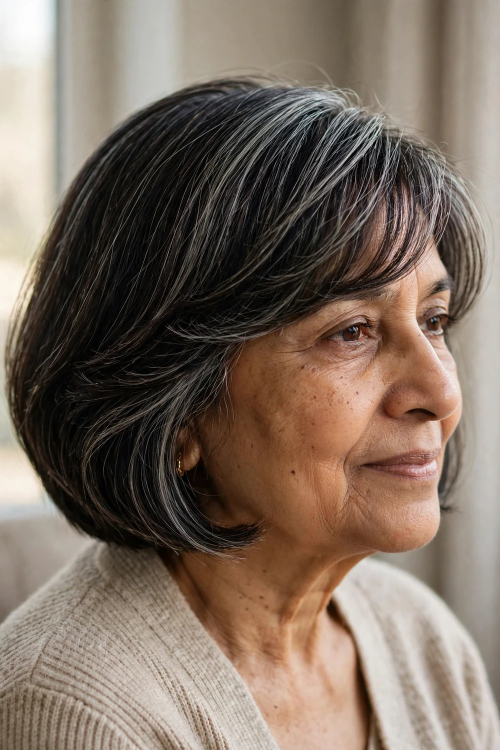 Side-swept bob with bangs on a 64-year-old woman with silver-streaked thin hair