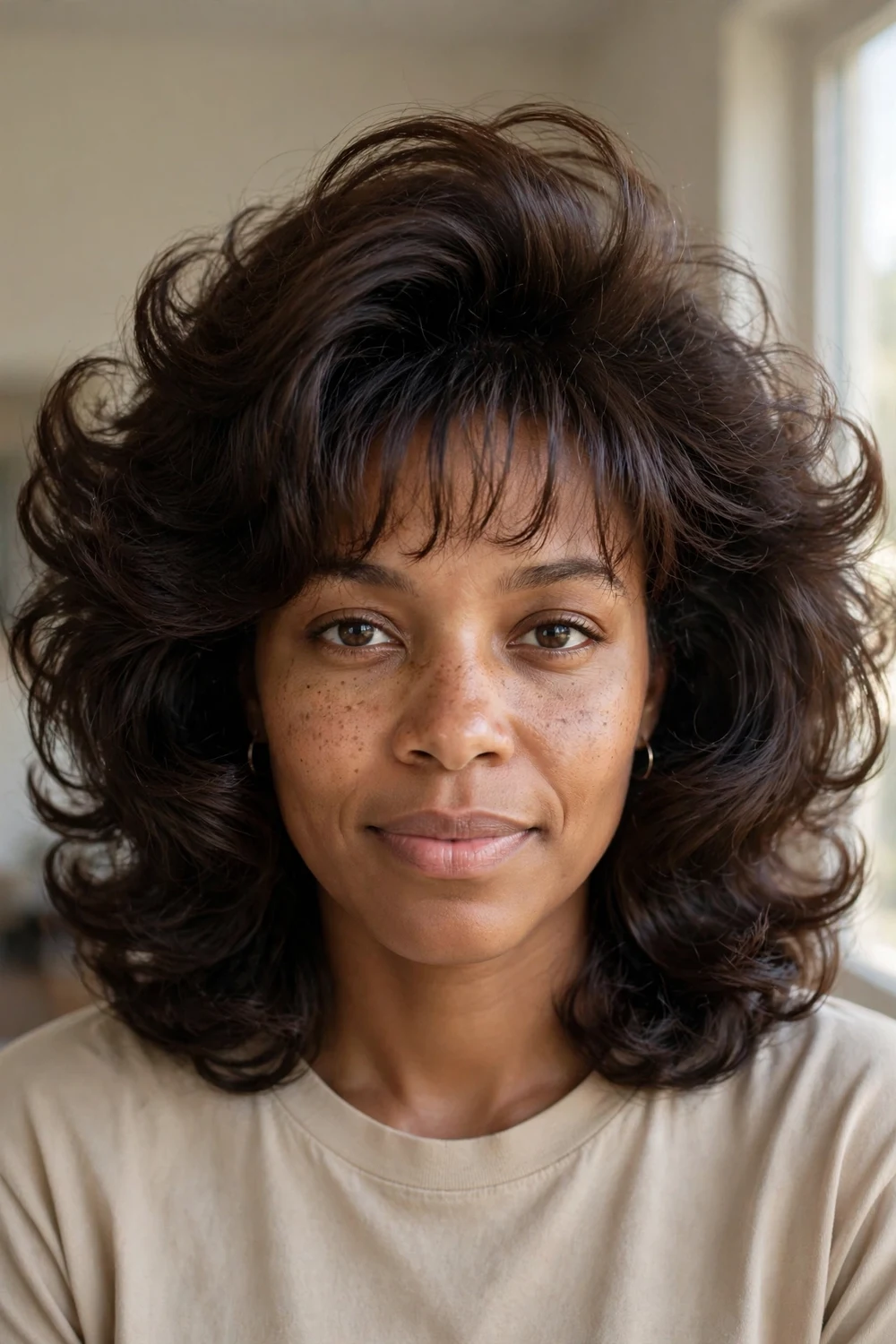 Woman with voluminous dark brown 90s blowout and a straight wingy wispy fringe