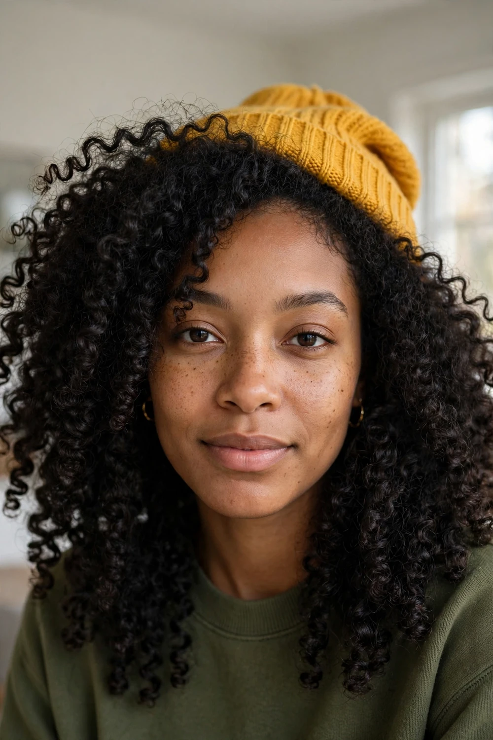 Woman with voluminous defined natural curls wearing a mustard knit beanie