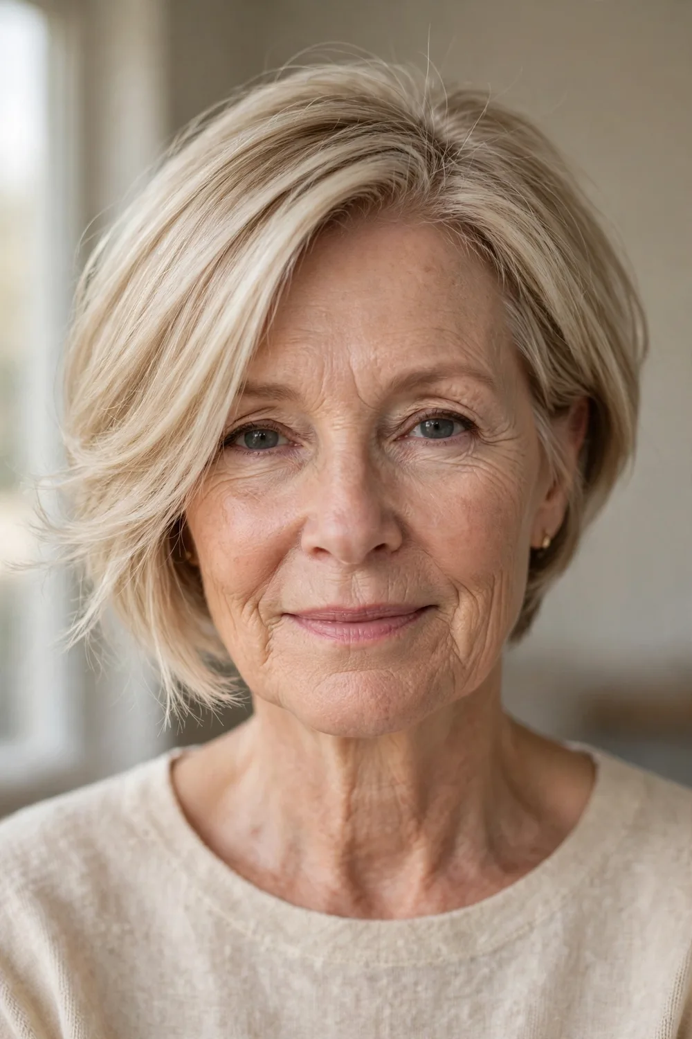 Wispy angled bob with delicate feathered ends on a woman over 50