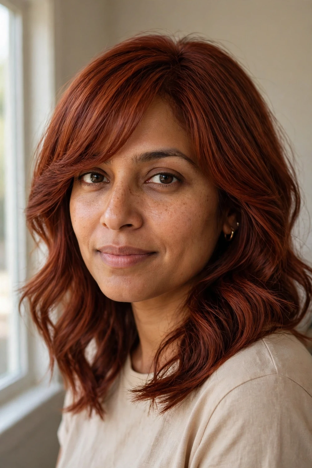 Woman with medium-length auburn hair and long side-swept bangs