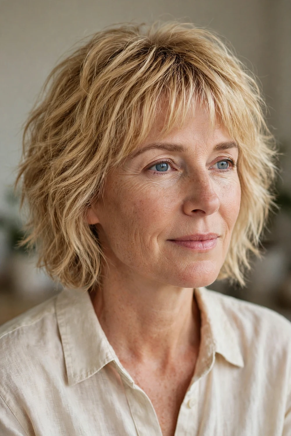 Woman with golden blonde textured lob haircut and wispy bangs