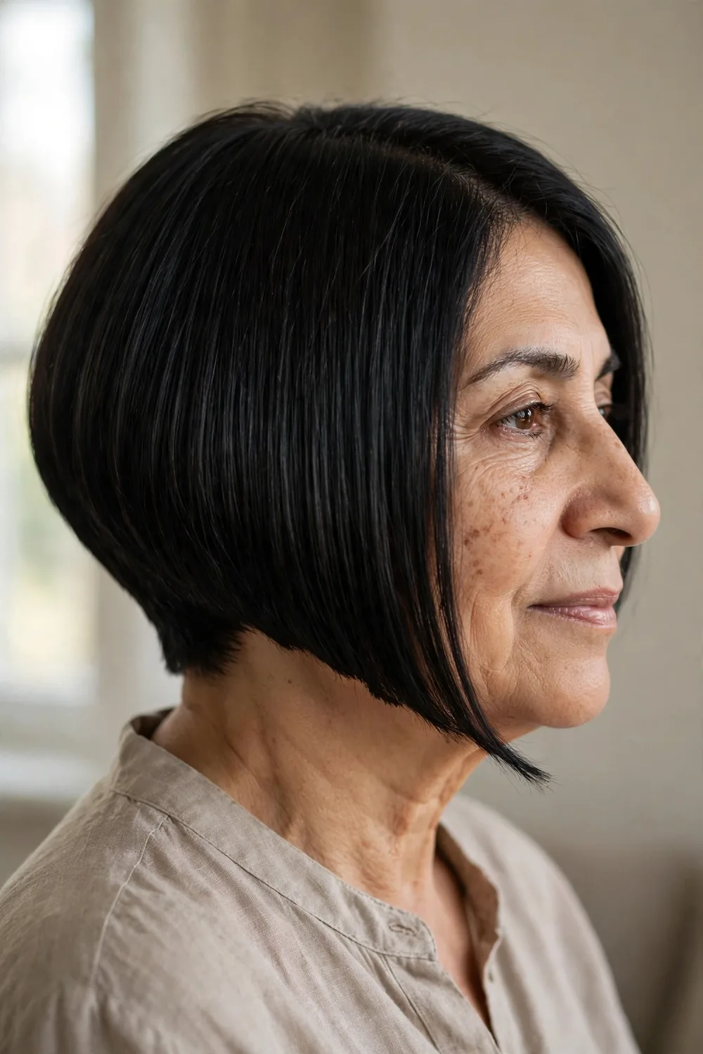 Angled bob with blunt crisp perimeter on a woman over 50