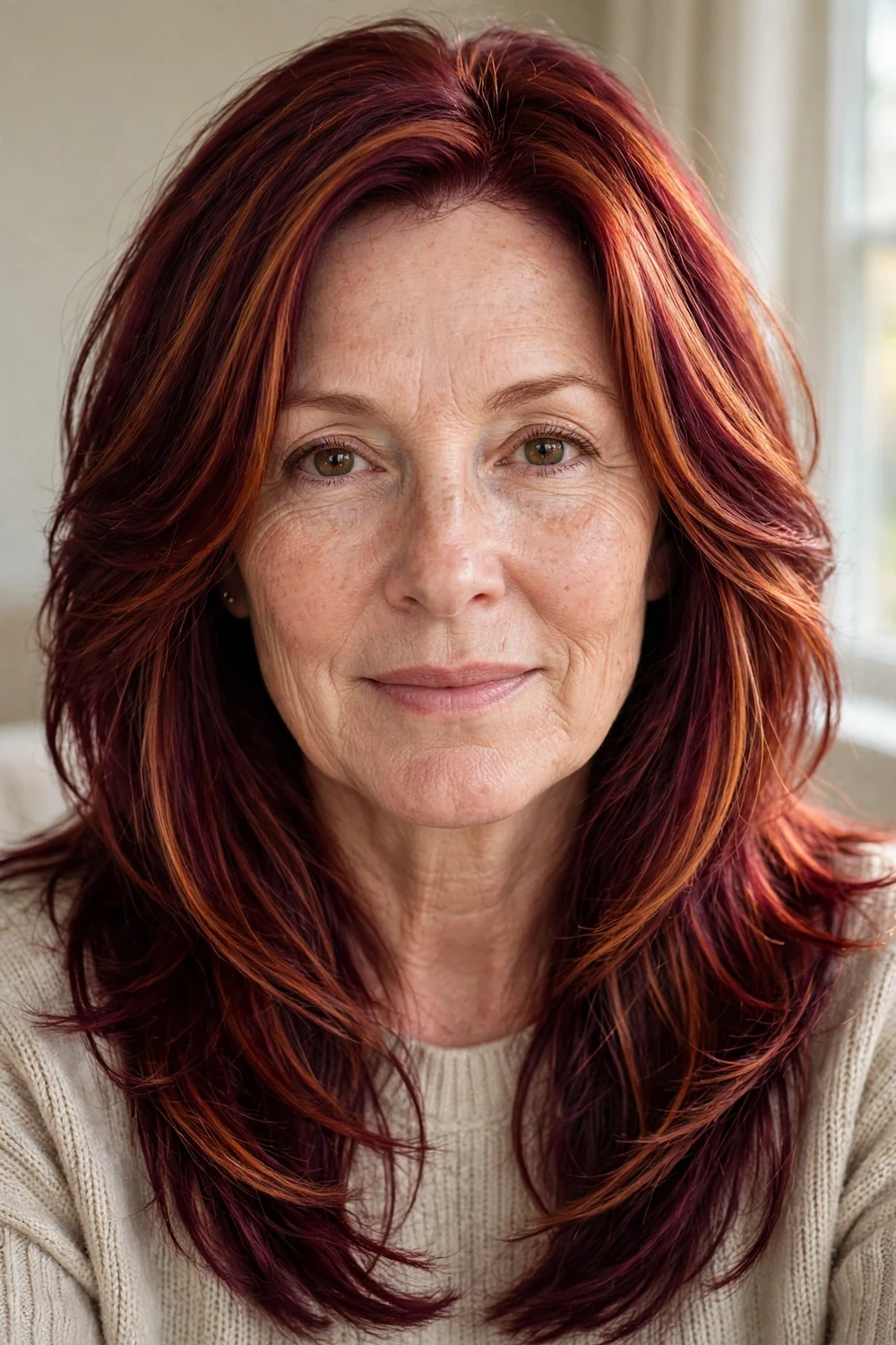 Woman with burgundy auburn copper hair with deep wine tones