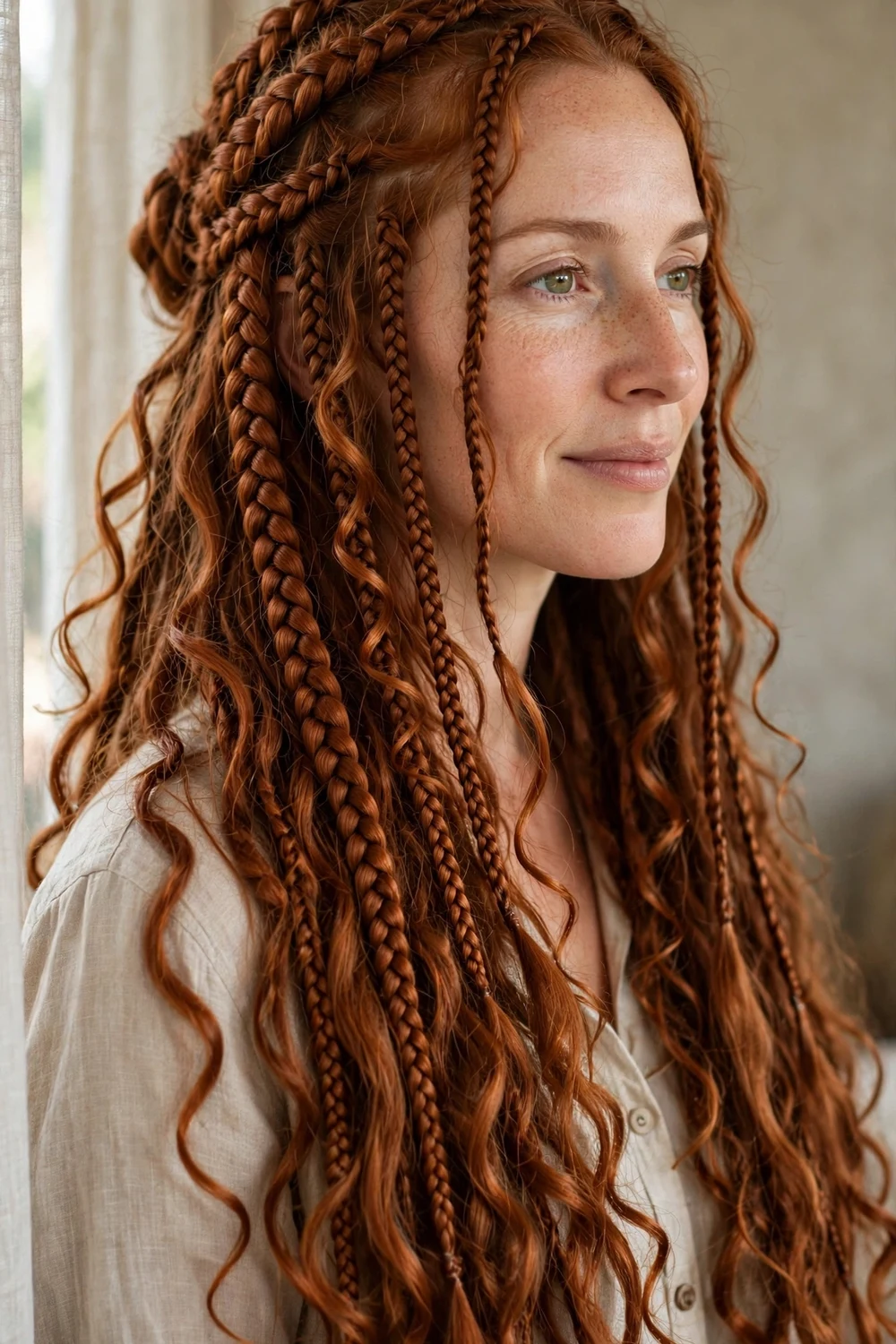 Woman with copper auburn boho knotless braids with loose curls