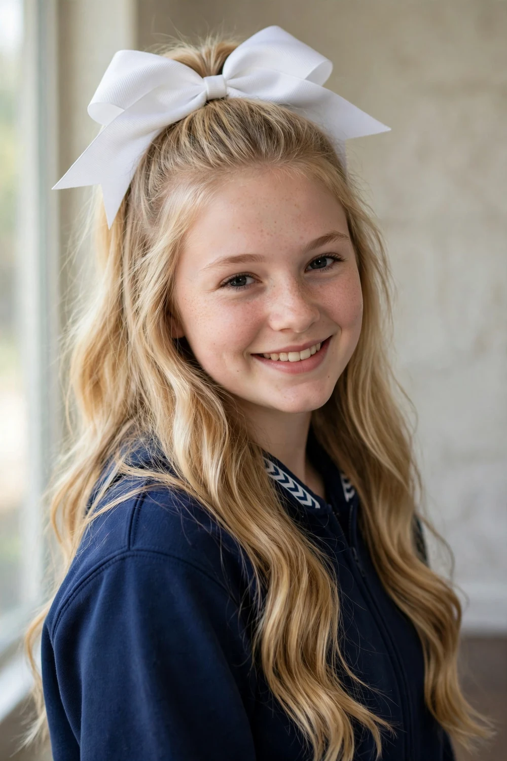 Girl with half-up half-down hairstyle and white cheer bow